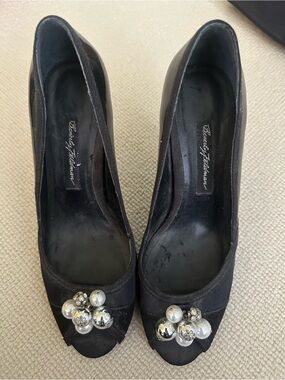 Betsey Johnson Black Embellished Peep-Toe Pumps